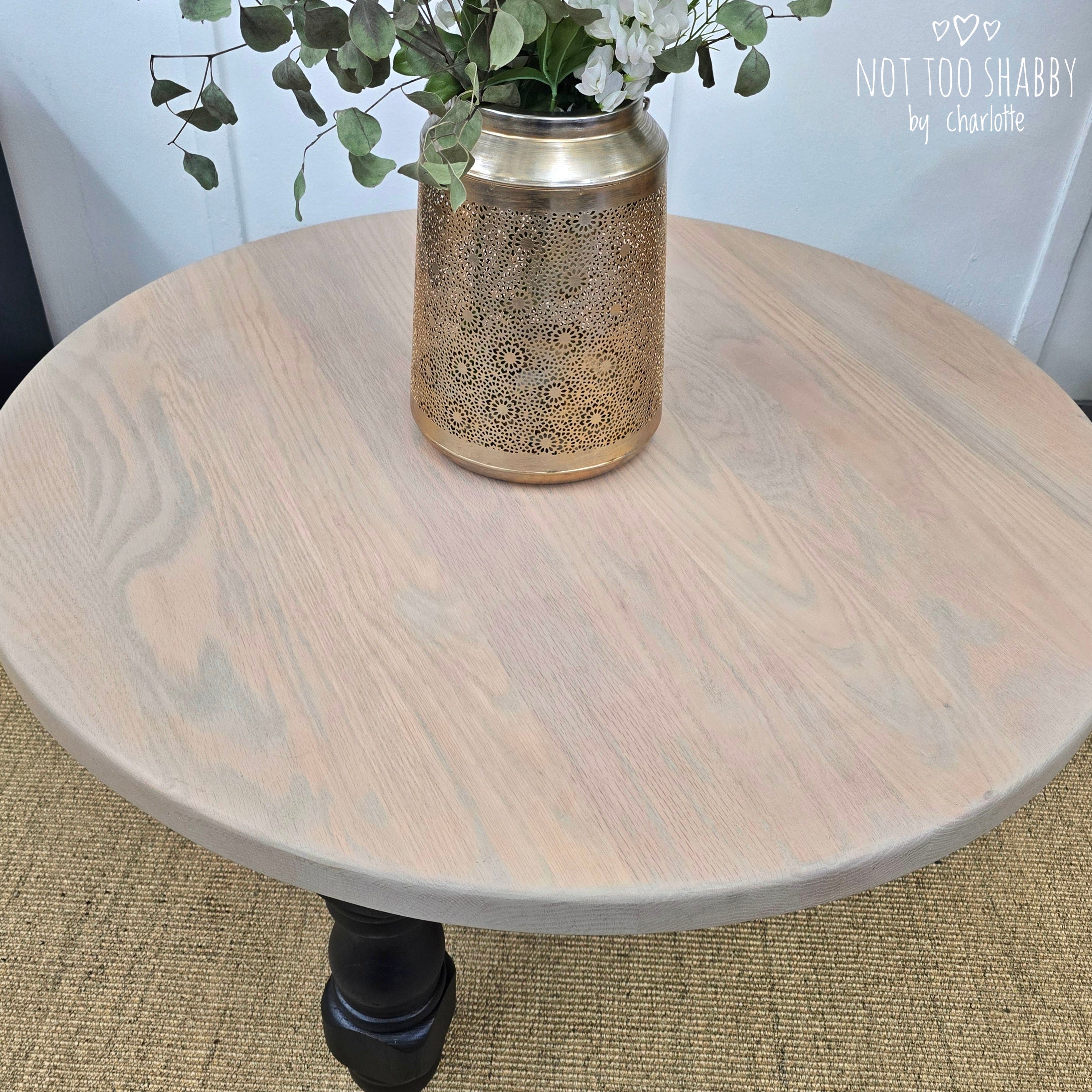 Beautiful wood grain on large chunky pine coffee table for sale, with base painted in Coal Black and top refinished in Taupe Stain and Finishing Oil 