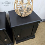 Load image into Gallery viewer, Top of pair of Coal Black painted pine cupboards with silver knobs and hinges
