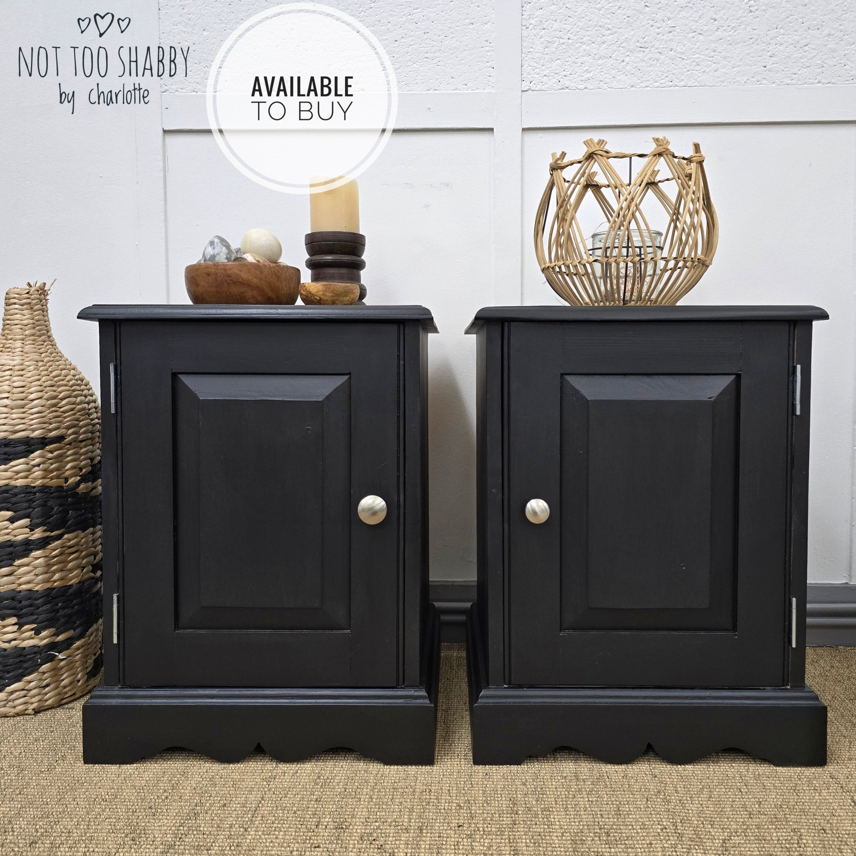 Pair of Coal Black painted pine cupboards with silver knobs and hinges