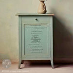 Load image into Gallery viewer, Vintage Script Redesign with Prima small transfer on a rustic distressed pale mint green cabinet
