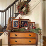 Load image into Gallery viewer, Feathered Noel Redesign with Prima Middy Transfer with red cardinal birds, christmas fir wreaths, lanterns, bows, poinsettias, santa, baubles and pine cones framed as pictured
