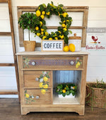 Load image into Gallery viewer, Lemon Tree Redesign with Prima Small Transfer - realistic watercolour lemons hanging on branches, plus a blue geometric tile design on the front of a rustic country wooden dresser
