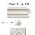 Load image into Gallery viewer, Homestead House Milk Paint Combed Wool Flat Lay with powder, painted trim and distressed embossed sample
