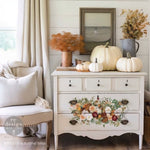 Load image into Gallery viewer, Autumnal Bliss Redesign with Prima Maxi Transfer - large peachy toned floral arrangements on the front of a cream dresser

