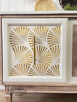 Load image into Gallery viewer, Geo Wave Redesign with Prima Extra Large Transfer - repeating art deco gold shell design on a cabinet door
