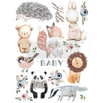 Load image into Gallery viewer, Hello Baby Redesign with Prima Extra Large Transfer featuring animal and flower illustrations, panda, lion, bird, badger, rabbit, bear, fox
