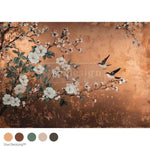 Load image into Gallery viewer, Feathers In The Glow Redesign with Prima Decoupage Fibre Paper with swallows and white flowers on a copper ground
