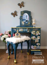Load image into Gallery viewer, With love Skully Extra Large Redesign with Prima Transfer - lace, skulls, butterflies, script and chandelier on a rich blue and gold dressing table
