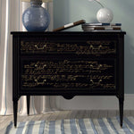 Load image into Gallery viewer, Sweet Note Redesign with Prima Maxi Transfer - elegant gold script across the front of a black chest of drawers
