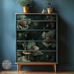 Load image into Gallery viewer, Emerald Elegance Redesign with Prima Decoupage Fibre Paper featuring green florals with gold details on a black background applied to the front of a modern chest of drawers with gold feet
