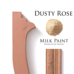 Load image into Gallery viewer, Homestead House Milk Paint Dusty Rose Flat Lay with powder, painted trim and distressed patterned trim
