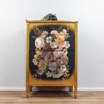 Load image into Gallery viewer, Woodland Florals Extra Large Redesign with Prima Transfer, Kacha Collection, large flowers and blooms on the front of a large gold and black chest of drawers
