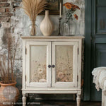 Load image into Gallery viewer, A Moment of Stillness A1 Design with Prima Fibre Decoupage Paper on a vintage cream distressed cabinet.

