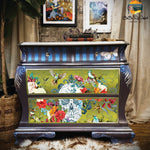 Load image into Gallery viewer, Sweet Dreaming Extra Large Redesign with Prima Transfer, Cece Collection, bright colours, birds, skull, damask background. Fantasy gothic design on a green and black chest of drawers.
