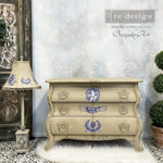 Load image into Gallery viewer, French Blue Redesign with Prima Small Transfer - monochrome toile de jouy on a antique beige painted bombe chest of drawers
