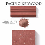 Load image into Gallery viewer, Homestead House Milk Paint Pacific Redwood Flat Lay with powder, painted trim and textured sample
