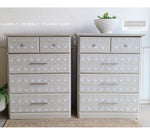 Load image into Gallery viewer, Art Deco Redesign with Prima Stencil Fan Design Stencil in white on a beige pair of beside tables
