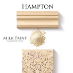 Load image into Gallery viewer, Homestead House Milk Paint Hampton Flat Lay with powder, painted trim and distressed textured embossed sample
