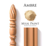 Load image into Gallery viewer, Homestead House Milk Paint Amber Flat Lay with powder, painted trim and distressed turned wood
