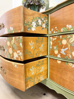 Load image into Gallery viewer, Orange Grove Redesign with Prima Extra Large Transfer featuring orange tree brances and pale blue hummingbirds on the sides of drawers
