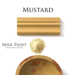 Load image into Gallery viewer, Homestead House Milk Paint Mustard Flat Lay with powder, painted trim and chippy bowl

