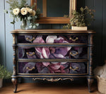 Load image into Gallery viewer, An ornate three-drawer chest of drawers with Violet Blooms Redesign with Prima Decoupage Fibre Paper with a dark purple and burgundy flower design
