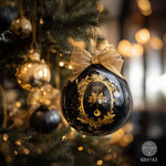 Load image into Gallery viewer, Holiday Heirloom Redesign with Prima Gold Foil Christmas transfer by Kacha on a beautiful black bauble 
