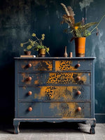 Load image into Gallery viewer, Redesign with Prima Animal Patterns Small Transfer - horse, cow, leopard and zebra on the front of a beautiful rustic smokey blue and yellow rusty effect chest of drawers
