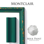 Load image into Gallery viewer, Homestead House Milk Paint Montclair Flat Lay with powder, painted trim and chippy photo frame

