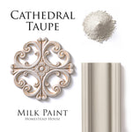 Load image into Gallery viewer, Homestead House Milk Paint Cathedral Taupe Flat Lay with powder, painted trim and distressed embellishment
