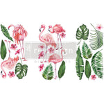 Load image into Gallery viewer, Flamingo Pink Redesign with Prima Small Transfer - flamingos, tropical banana-style leaves and monstera leaves plus vibrant pink hibiscus flowers
