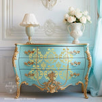 Load image into Gallery viewer, Gold House of Damask Foil Transfer - Redesign with Prima Kacha Collection applied to an extravagent turquoise bombe chest of drawers with gold leaf details
