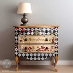 Load image into Gallery viewer, Wonderland Impressions Redesign with Prima Middy Transfer - Alice in Wonderland theme on a checkerboard black and white chest of drawers with gold leaf
