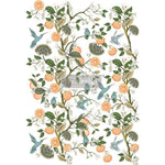 Load image into Gallery viewer, Orange Grove Redesign with Prima Extra Large Transfer featuring orange tree brances and pale blue hummingbirds
