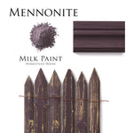 Load image into Gallery viewer, Homestead House Milk Paint Mennonite Flat Lay with powder, painted trim and chippy distressed vintage picket fence sample
