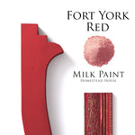 Load image into Gallery viewer, Homestead House Milk Paint Fort York Red Flat Lay with powder, painted trim and distressed patterned Trim
