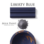 Load image into Gallery viewer, Homestead House Milk Paint Liberty Blue Flat Lay with powder, painted trim and chippy wooden bowl
