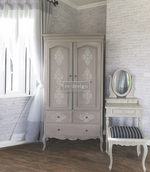 Load image into Gallery viewer, Dotted Flourish Redesign with Prima Stencil Delicate Filigree Damask Crest Pattern in white on a country rustic taupe dresser wardrobe
