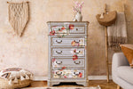 Load image into Gallery viewer, Pretty in Peach Extra Large Redesign with Prima Transfer - peach, coral, cream and pink florals actiss the front of a distrsses beige taupe tallboy chest of drawers
