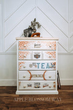 Load image into Gallery viewer, Redesign with Prima Baseball Small Transfer - full of base ball motifs, glove, popcorn, soda, club logos, bat on a baseball themed chest of drawers
