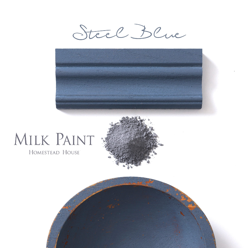 Homestead House Milk Paint Steel Blue painted and distressed moulding