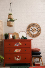 Load image into Gallery viewer, Redesign with Prima Autumnal Essentials Small Transfer - mushrooms, autumn leaves, pumpkins and sunflowers on the front of a red chest of drawers
