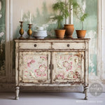 Load image into Gallery viewer, Paisley Lover Redesign with Prima Maxi Transfer - rose and sage pretty paisley motifs on a heavily aged and distressed boho cabinet
