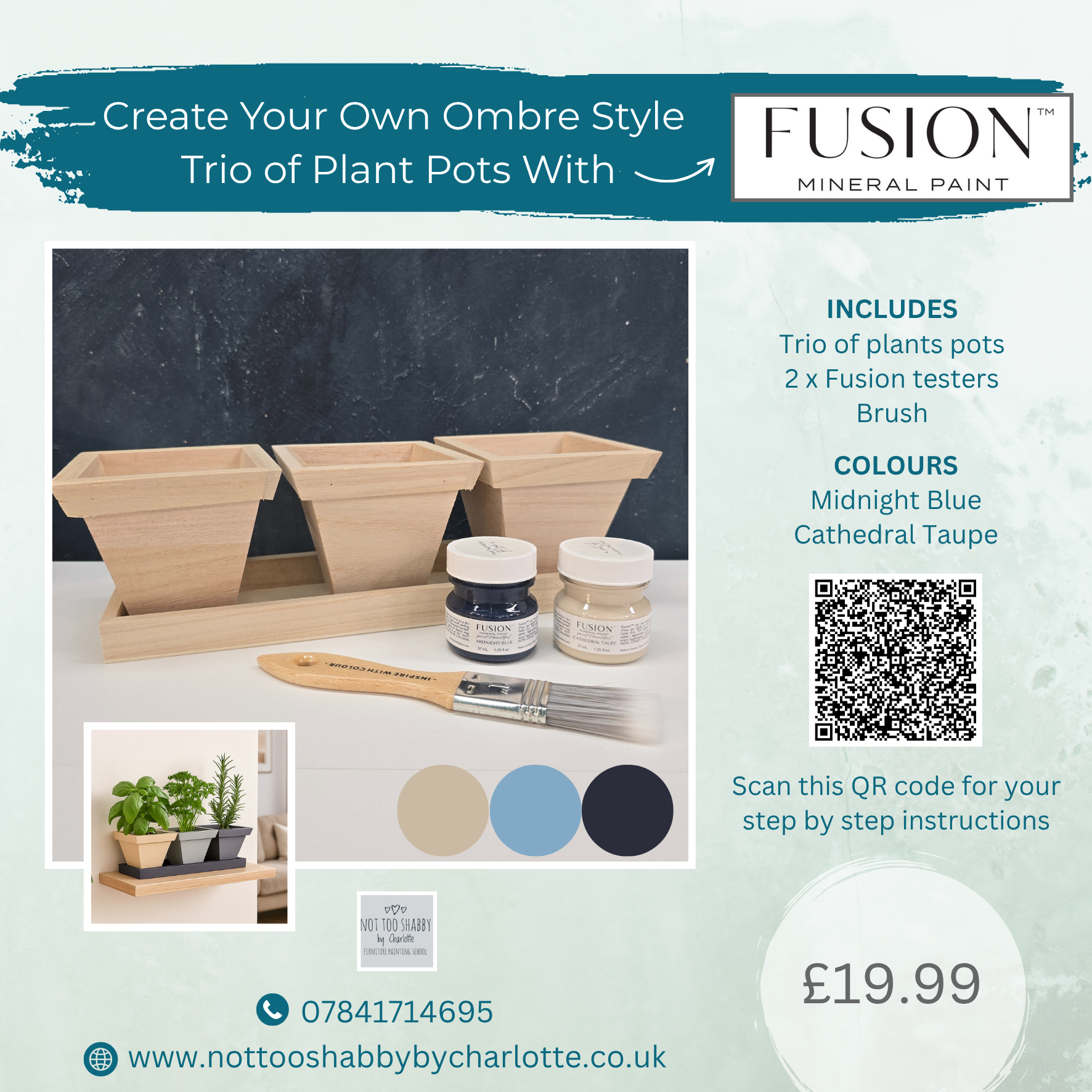 Fusion mineral paint project kit gift set Trio of ombre plant pots in navy and beige
