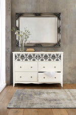 Load image into Gallery viewer, Damask Flourish Redesign with Prima Peel and Stick Reusable Adhesive Stencil in black on a cream chest of drawers
