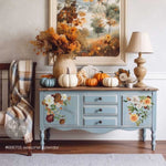 Load image into Gallery viewer, Seasonal Splendor Redesign with Prima Middy Transfer - rusts and autumnal shades, flowers, leaves and berries on a slate grey sideboard with pumpkins
