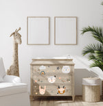 Load image into Gallery viewer, Boho Critter Redesign with Prima Small Transfer - nursery and children’s furniture decal illustrations of bunny, deer, leopard and bear on the front of a wooden chest of drawers
