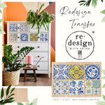 Load image into Gallery viewer, Casa Tile Redesign with Prima Small transfer - lemon yellow and cobalt blue Mediterranean tile patterns on the front of a white cabinet
