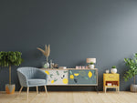 Load image into Gallery viewer, Lemon Redesign with Prima Small Transfer - Mediterranean pop art style illustration on the front of a fun modern yellow and grey sideboard
