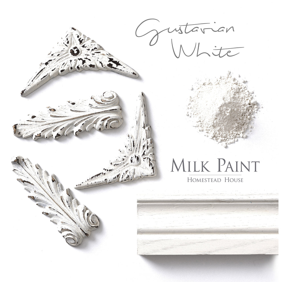 Homestead House Milk Paint Gustavian White distressed painted mouldings
